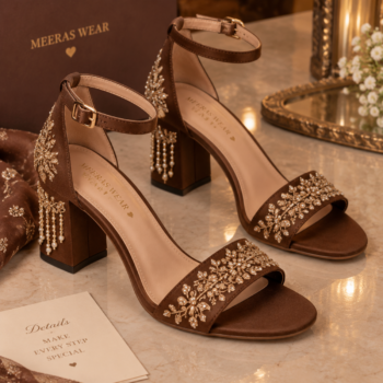 Brown embroidered block heels with gold embellishments