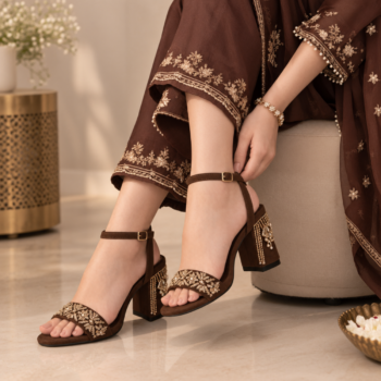 Brown embellished party wear block heels with elegant outfit