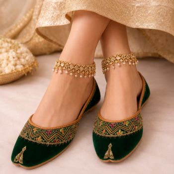 Green velvet khussa worn with a traditional outfit and golden anklets.