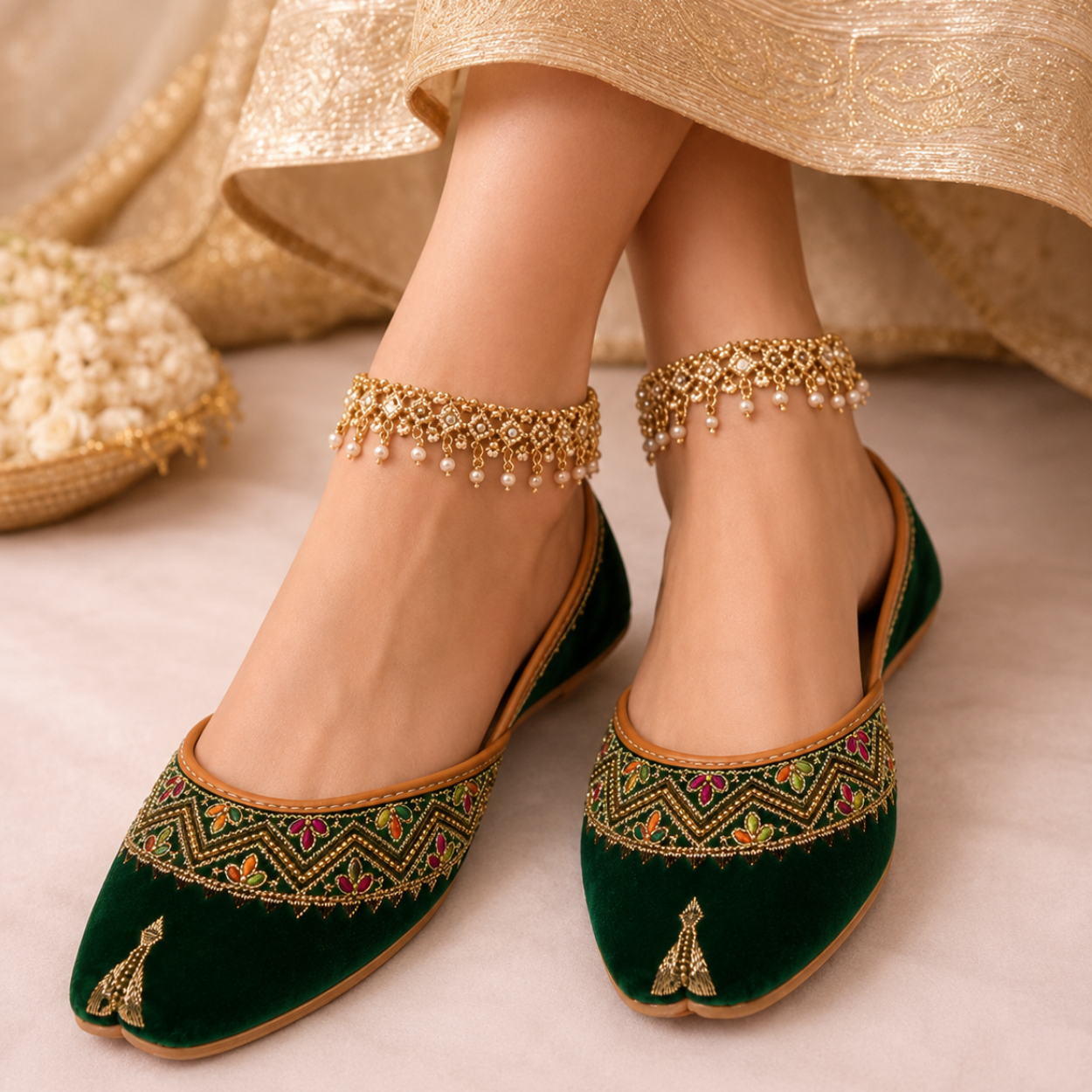 Green velvet khussa worn with a traditional outfit and golden anklets.